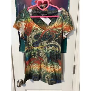 Self Esteem Womens Large V-Neck Paisley Print Short Sleeve Top Multicolor Boho